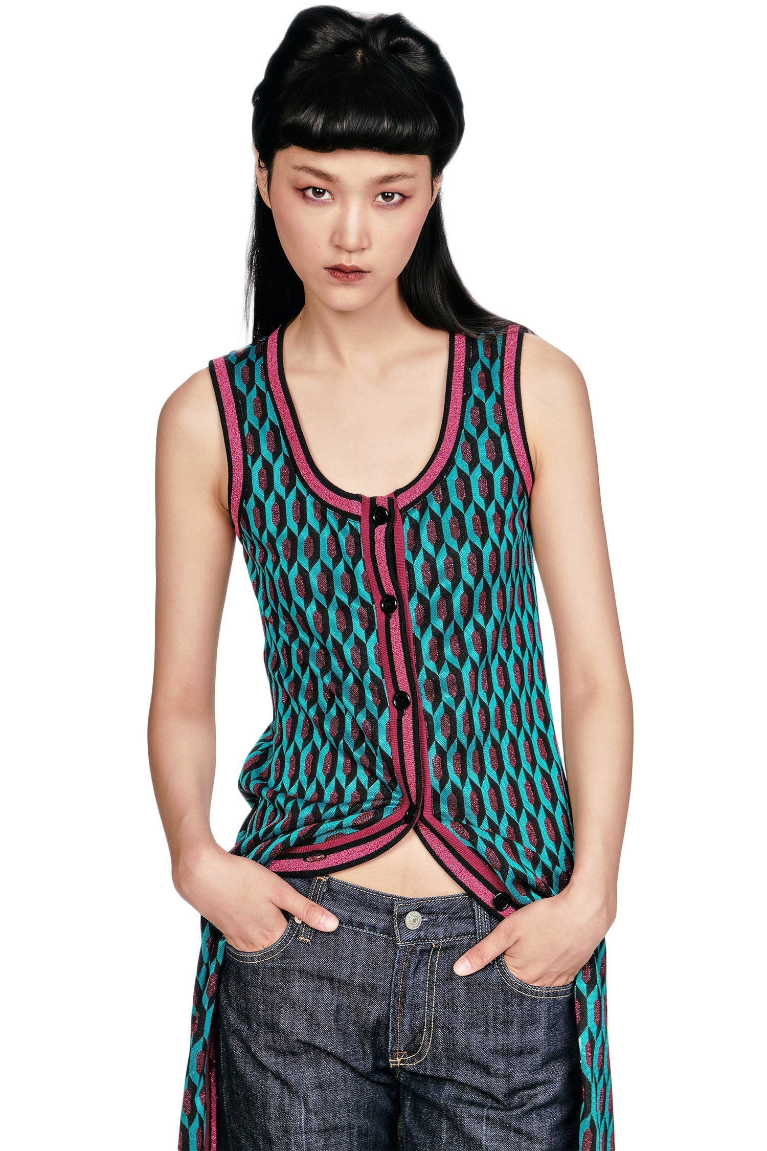 Anna Sui Glitter Geo Jacquard Long Vest
