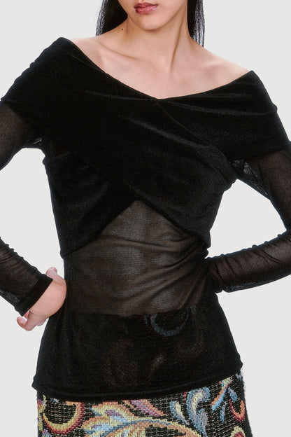 Anna Sui Velvet Mesh Off the Shoulder Top - Black