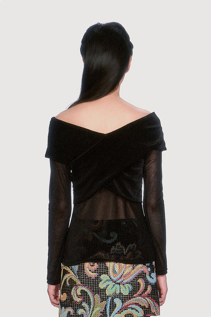 Anna Sui Velvet Mesh Off the Shoulder Top - Black