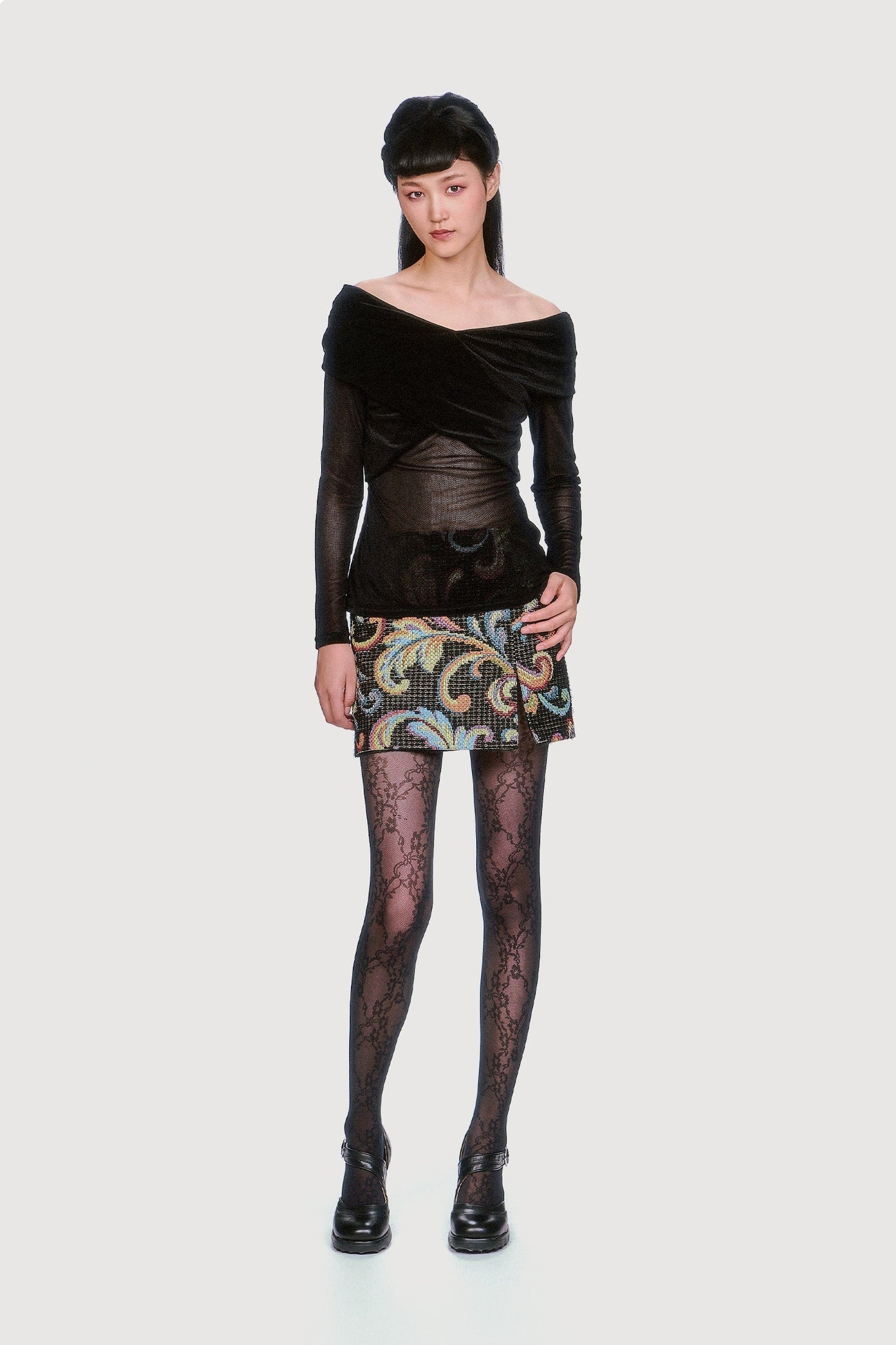 Anna Sui Velvet Mesh Off the Shoulder Top - Black