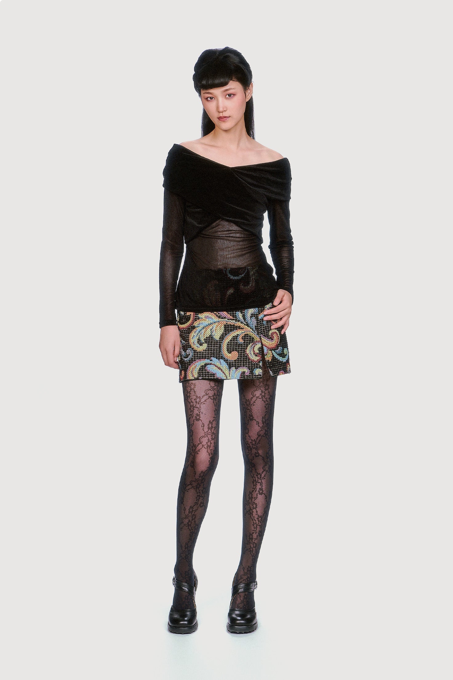 Anna Sui Velvet Mesh Off the Shoulder Top - Black