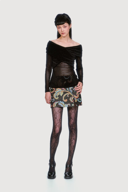 Anna Sui Velvet Mesh Off the Shoulder Top - Black