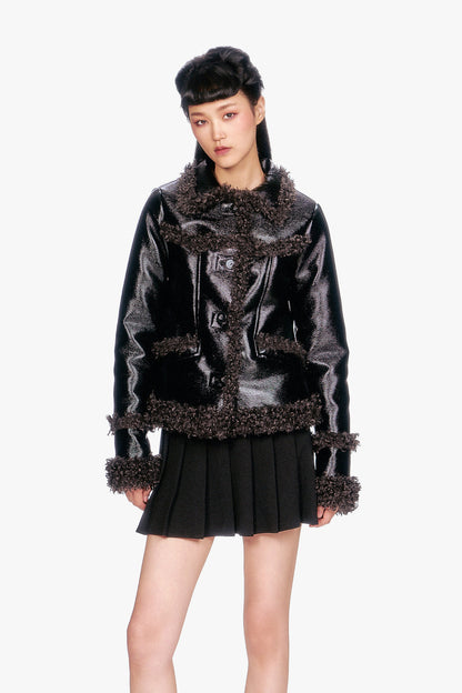 Anna Sui Faux Leather W/ Curly Lamb Trim Jacket