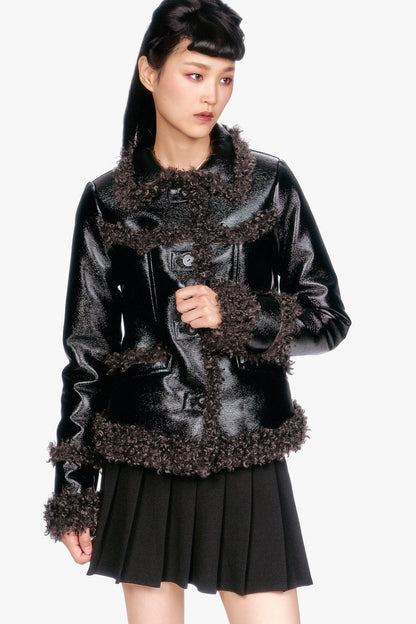 Anna Sui Faux Leather W/ Curly Lamb Trim Jacket