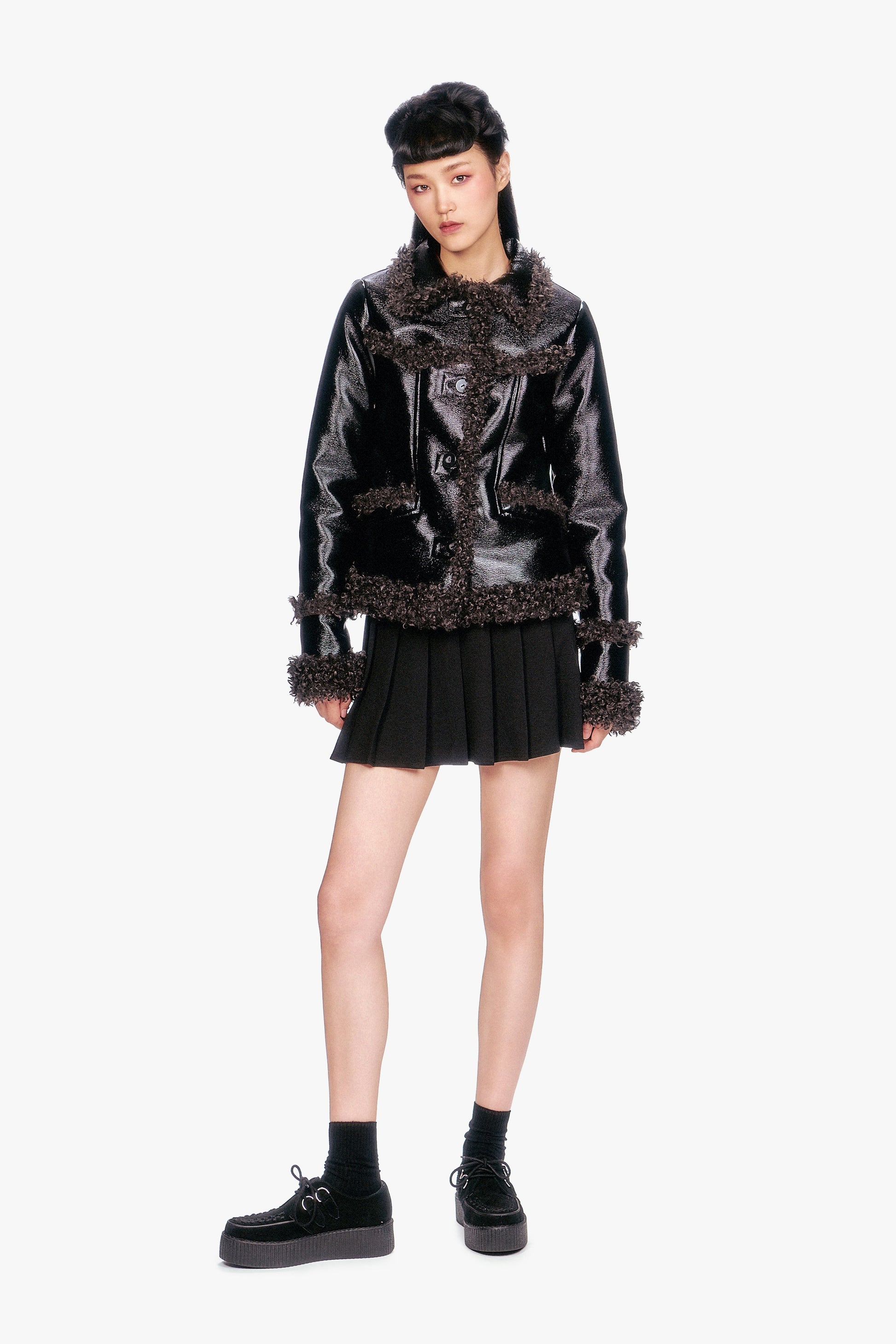 Anna Sui Faux Leather W/ Curly Lamb Trim Jacket