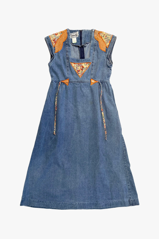 Anna Sui Vintage 70's Infinity Denim Patchwork Appliqué Dress