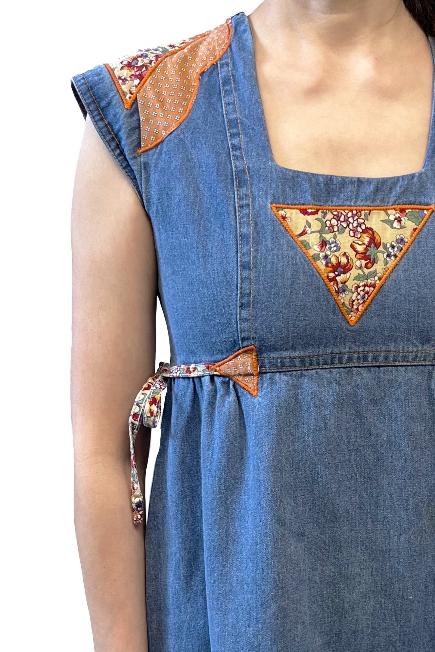 Anna Sui Vintage 70's Infinity Denim Patchwork Appliqué Dress