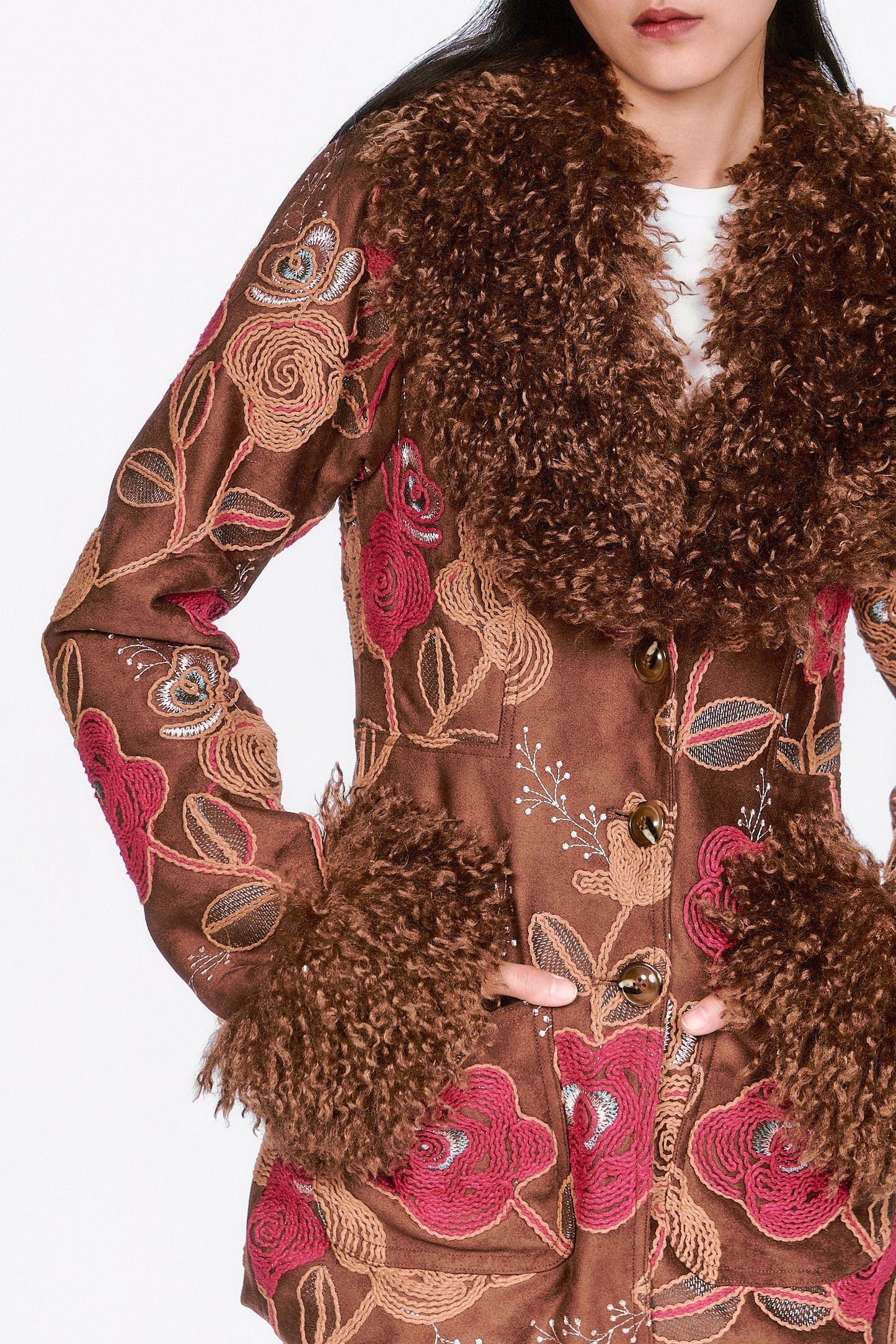 Anna Sui Poiret Rose Embroidered Faux Suede Faux Fur Trim Jacket