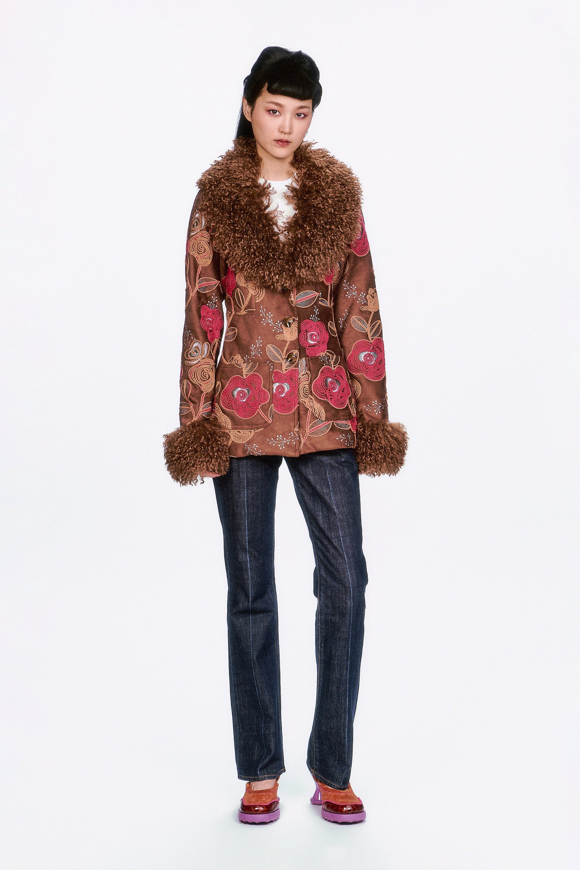 Anna Sui Poiret Rose Embroidered Faux Suede Faux Fur Trim Jacket