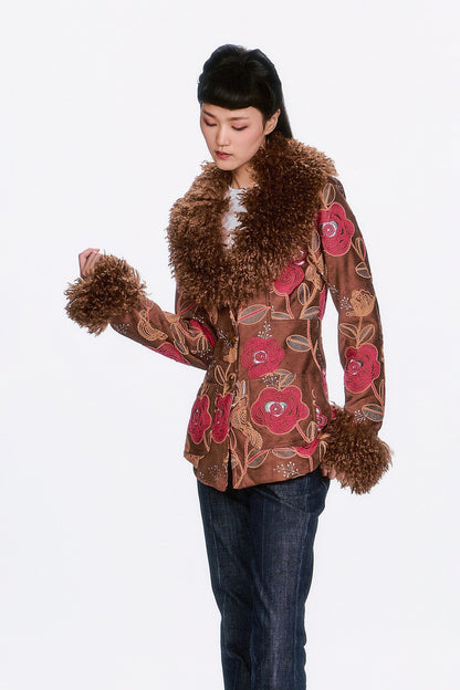 Anna Sui Poiret Rose Embroidered Faux Suede Faux Fur Trim Jacket