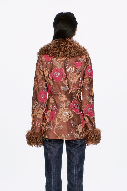 Anna Sui Poiret Rose Embroidered Faux Suede Faux Fur Trim Jacket