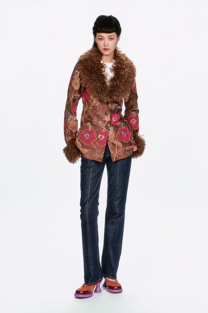 Anna Sui Poiret Rose Embroidered Faux Suede Faux Fur Trim Jacket