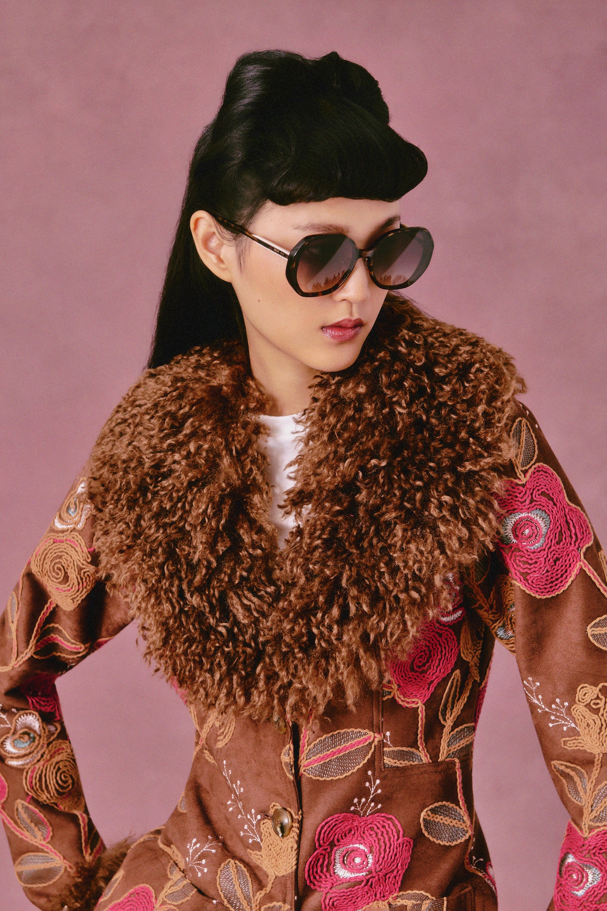 Anna Sui Poiret Rose Embroidered Faux Suede Faux Fur Trim Jacket