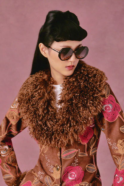 Anna Sui Poiret Rose Embroidered Faux Suede Faux Fur Trim Jacket