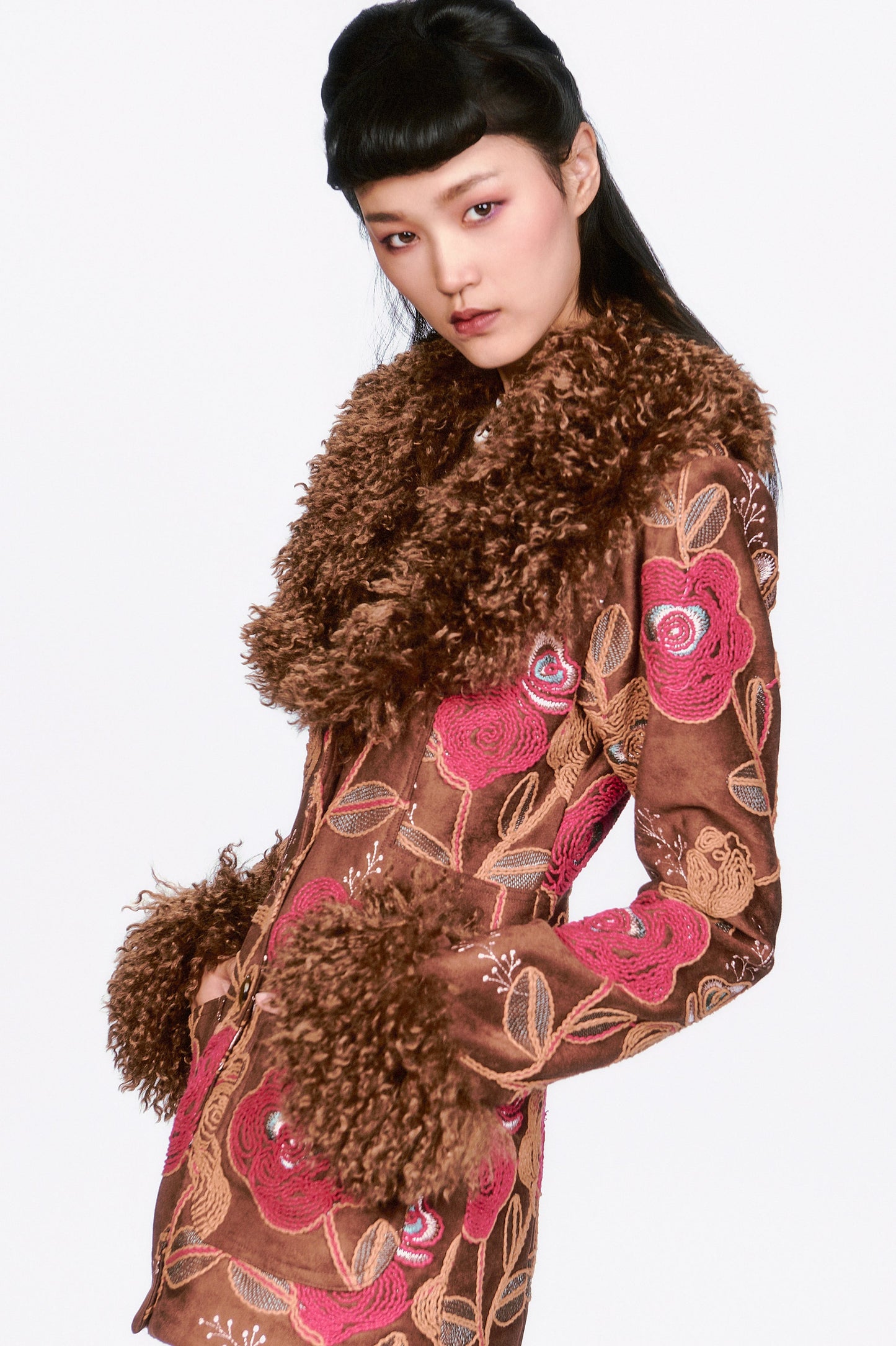 Anna Sui Poiret Rose Embroidered Faux Suede Faux Fur Trim Jacket