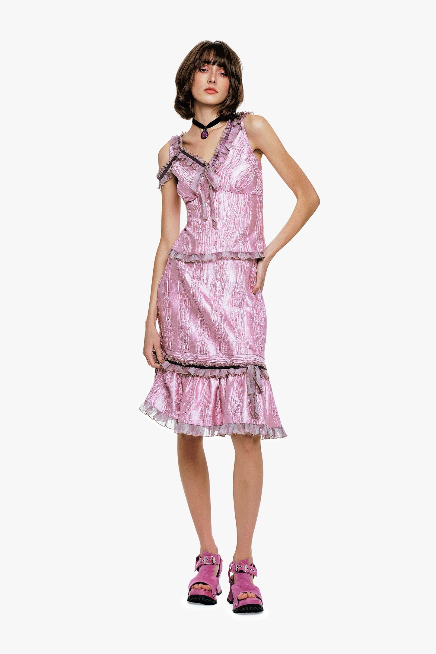 Anna Sui Crushed Satin Ruffle Midi Skirt
