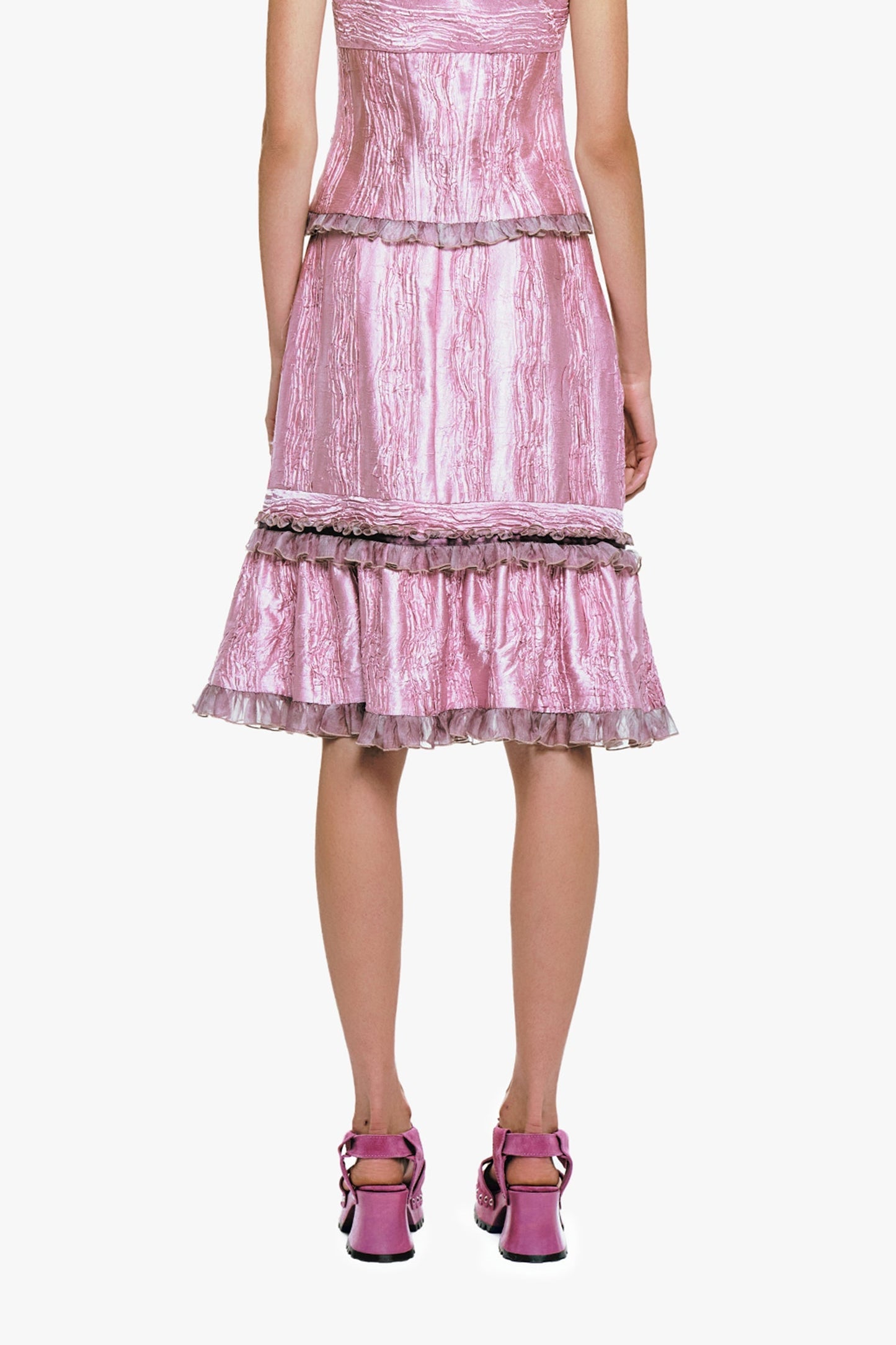 Anna Sui Crushed Satin Ruffle Midi Skirt