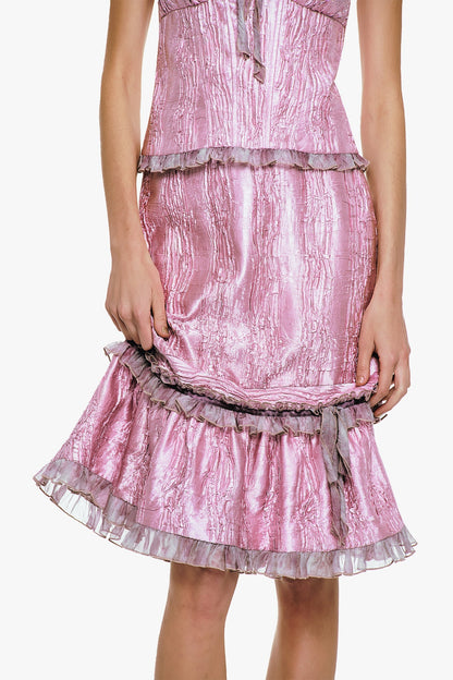 Anna Sui Crushed Satin Ruffle Midi Skirt