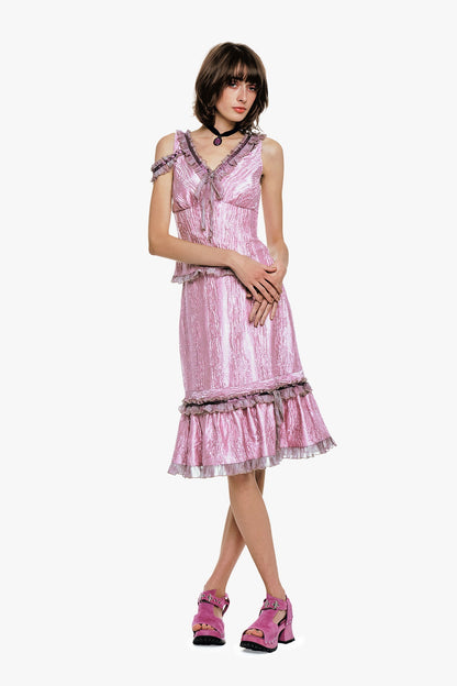 Anna Sui Crushed Satin Ruffle Midi Skirt
