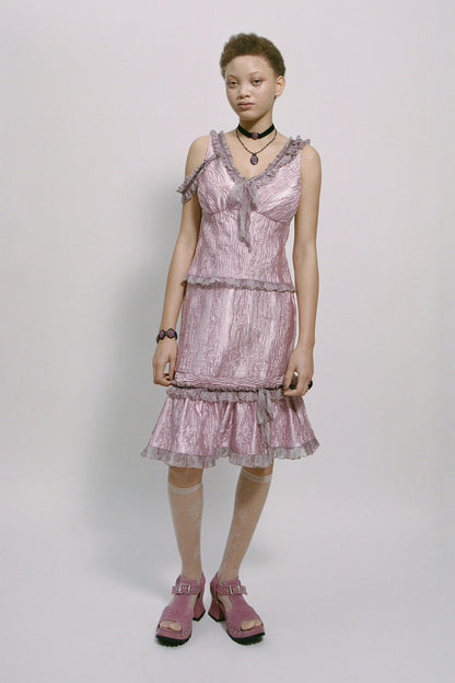 Anna Sui Crushed Satin Ruffle Midi Skirt