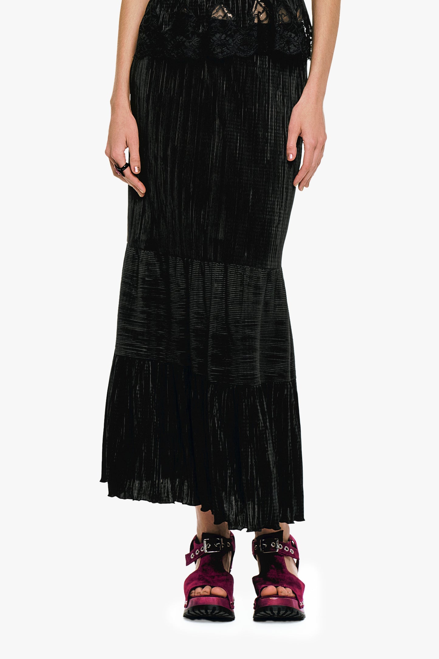 Anna Sui Plissé Tiered Maxi Skirt - Black