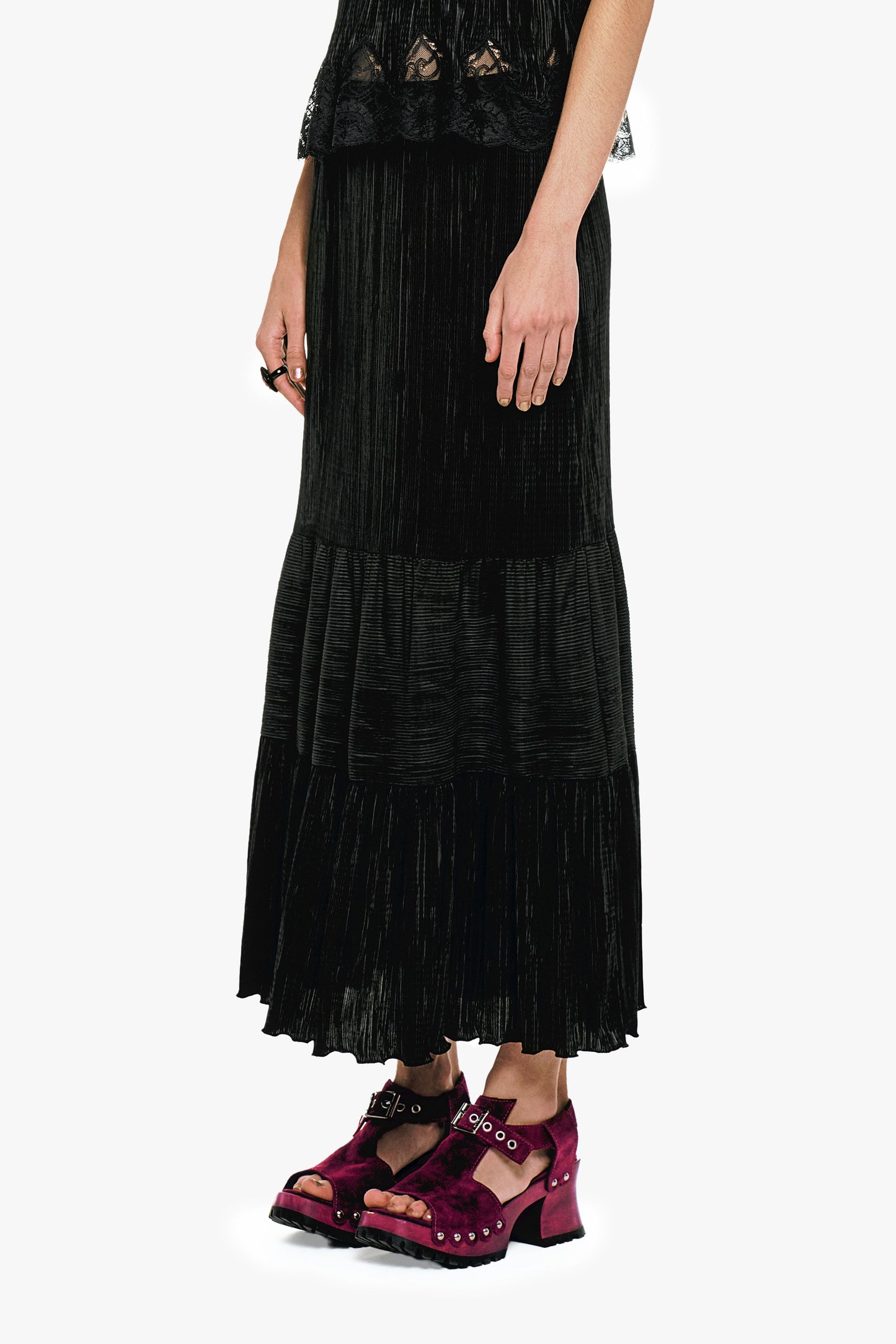 Anna Sui Plissé Tiered Maxi Skirt - Black