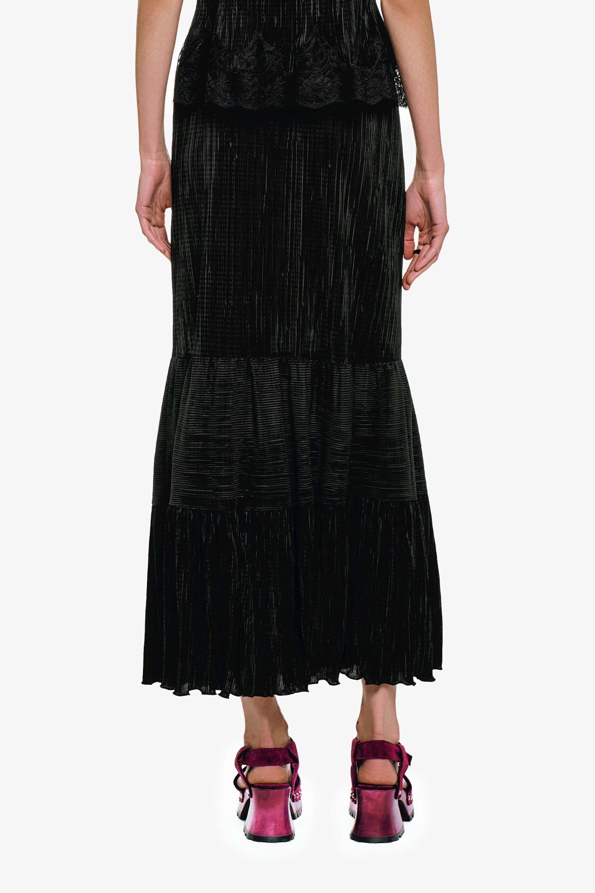 Anna Sui Plissé Tiered Maxi Skirt - Black