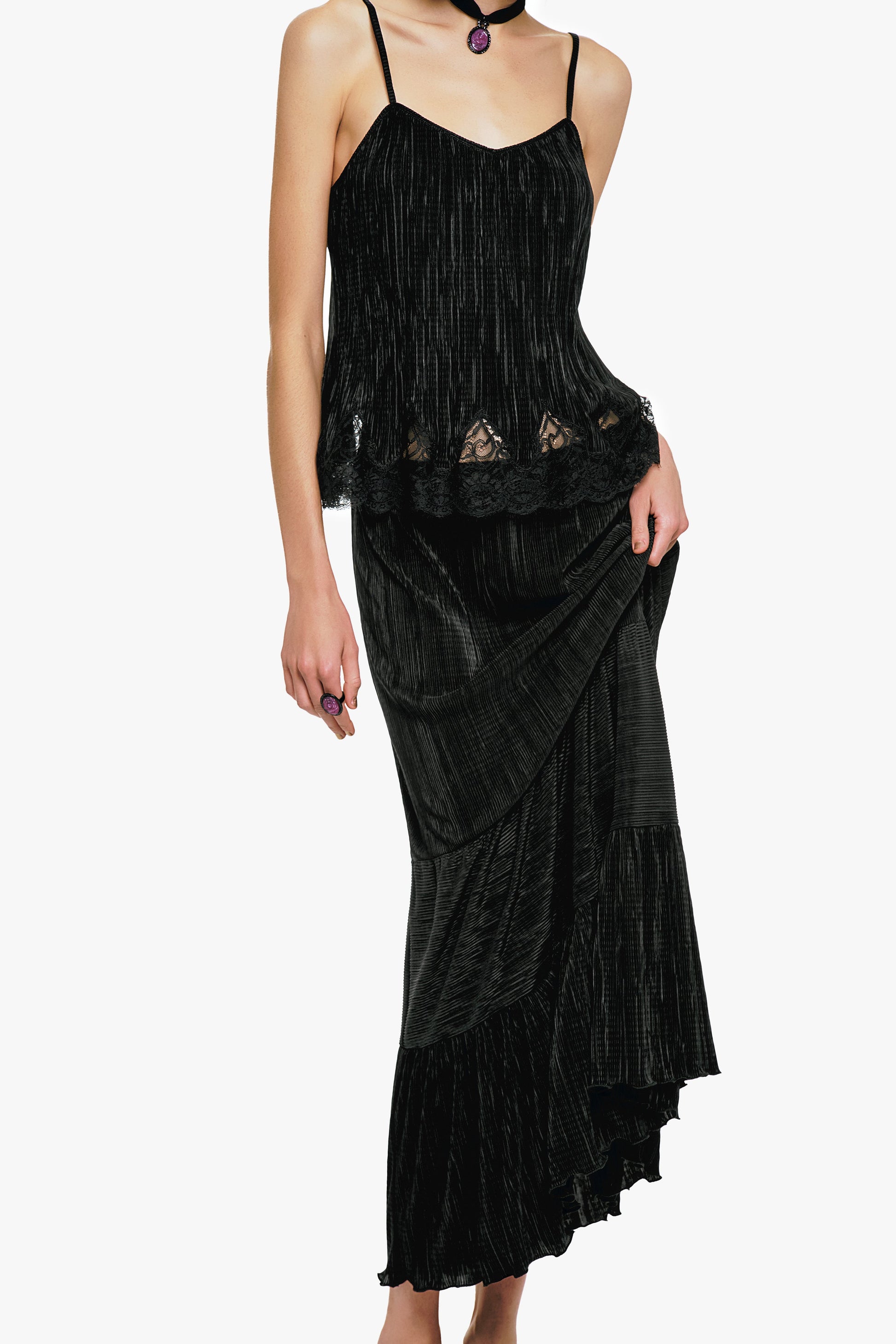 Anna Sui Plissé Tiered Maxi Skirt - Black