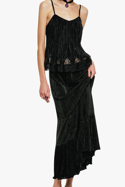 Anna Sui Plissé Tiered Maxi Skirt - Black
