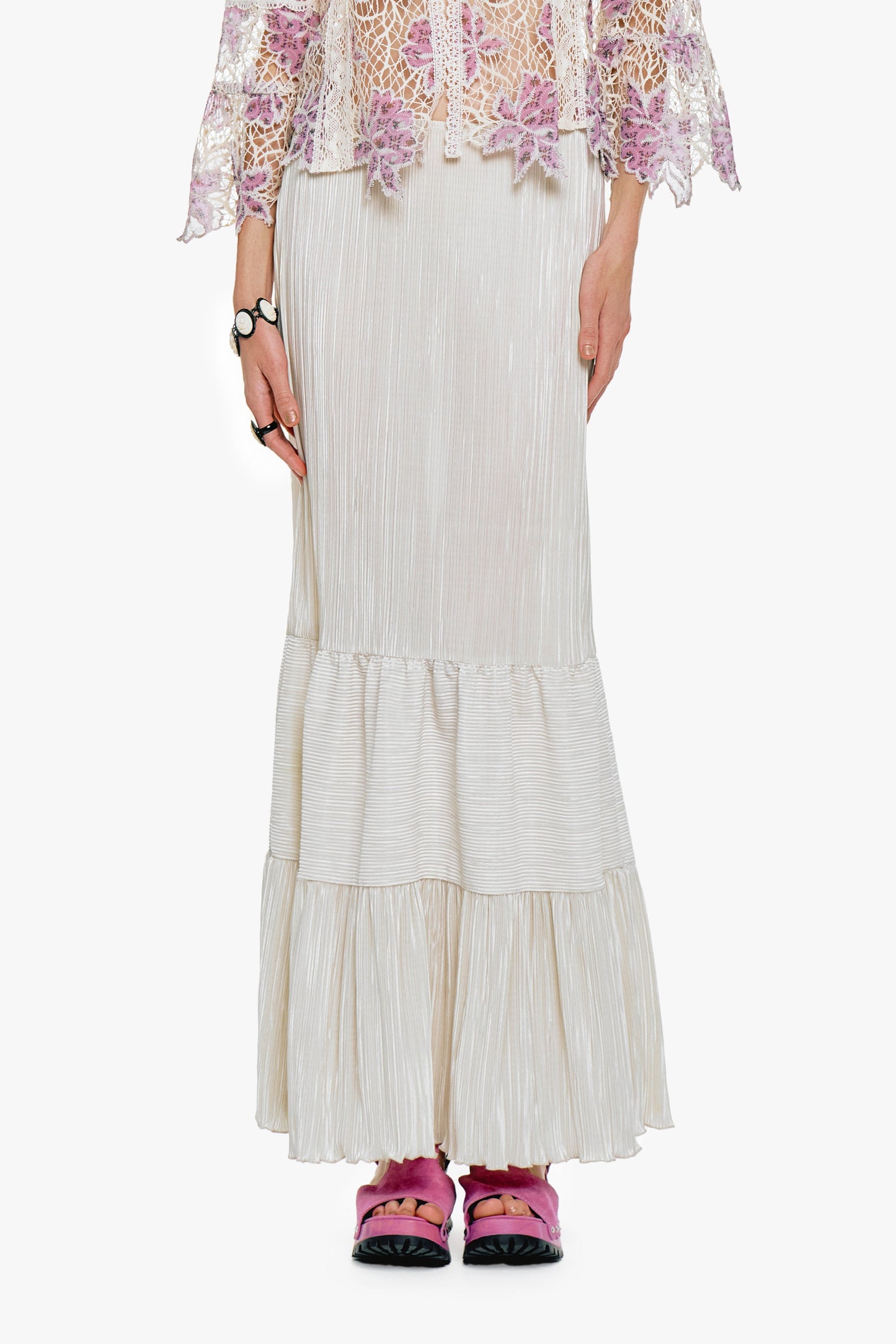 Anna Sui Plissé Tiered Maxi Skirt - Cream