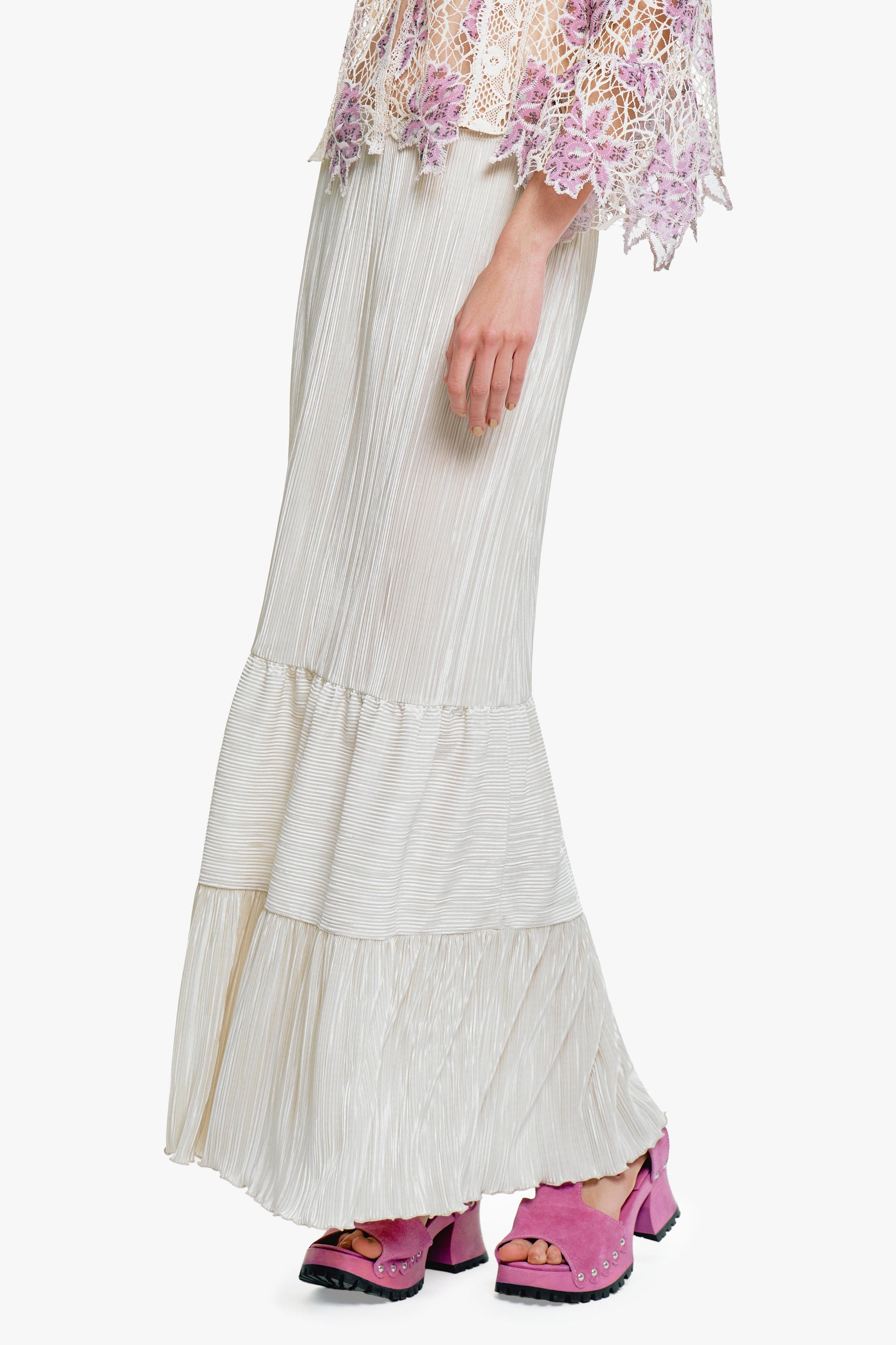 Anna Sui Plissé Tiered Maxi Skirt - Cream