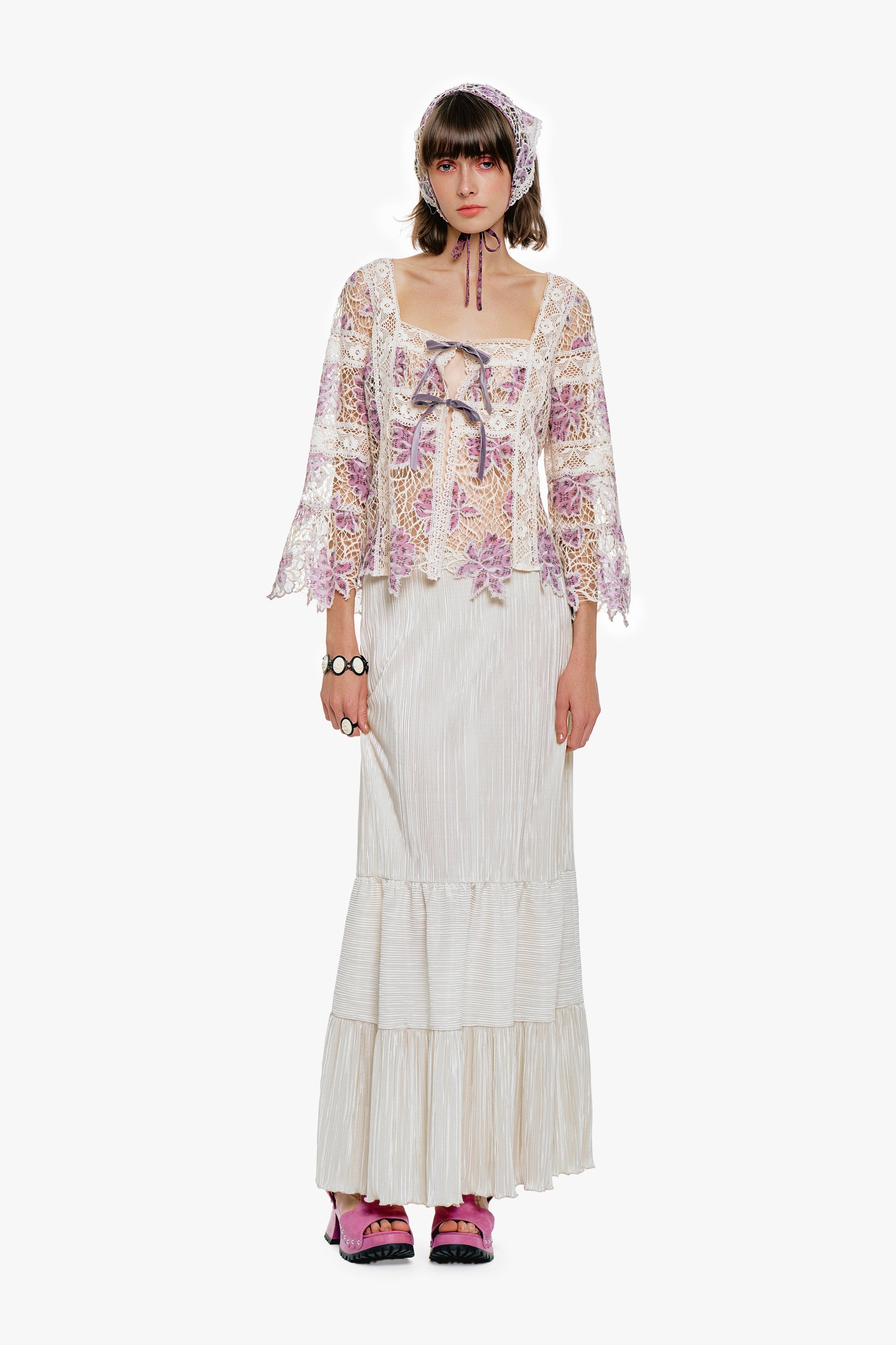 Anna Sui Plissé Tiered Maxi Skirt - Cream