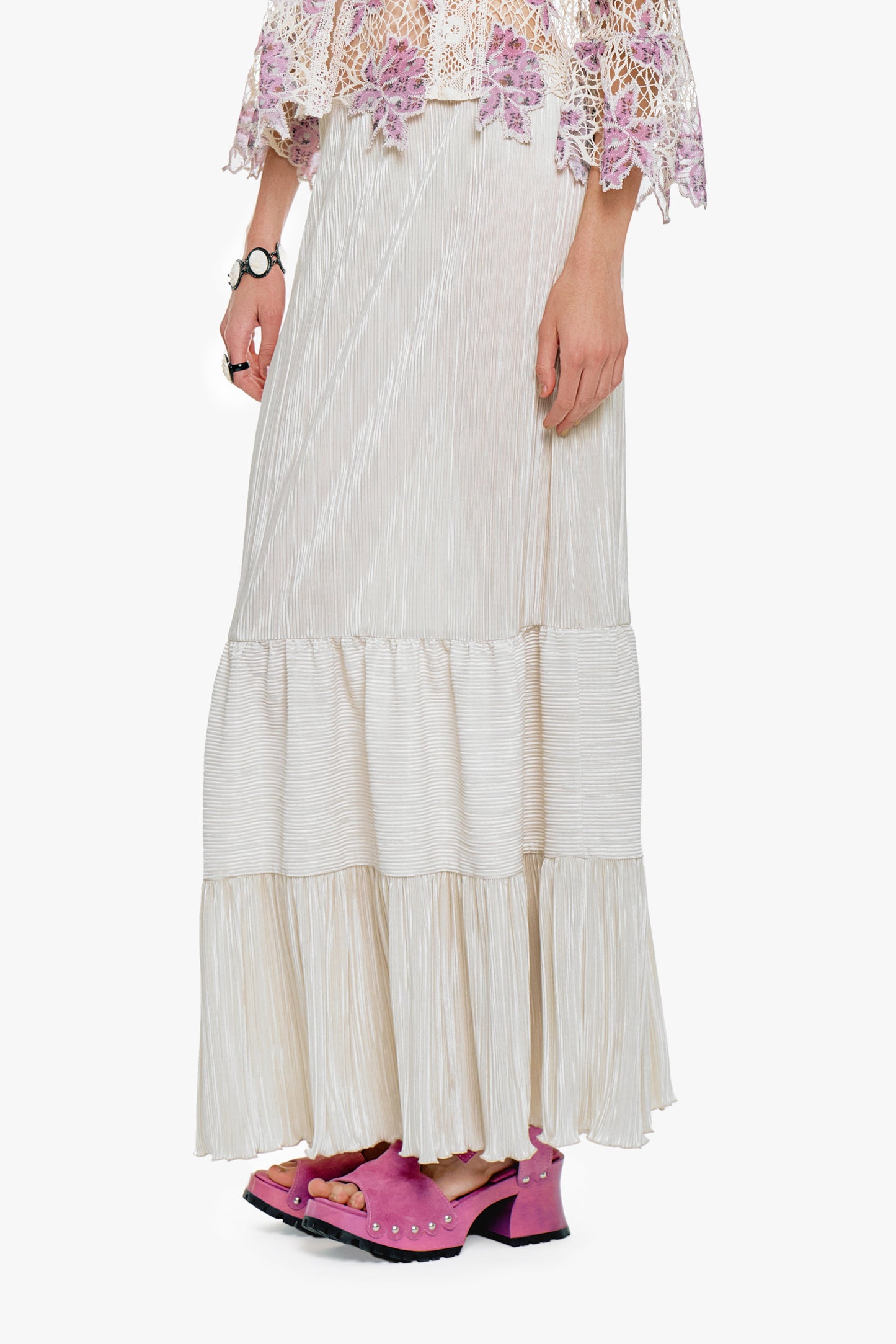 Anna Sui Plissé Tiered Maxi Skirt - Cream