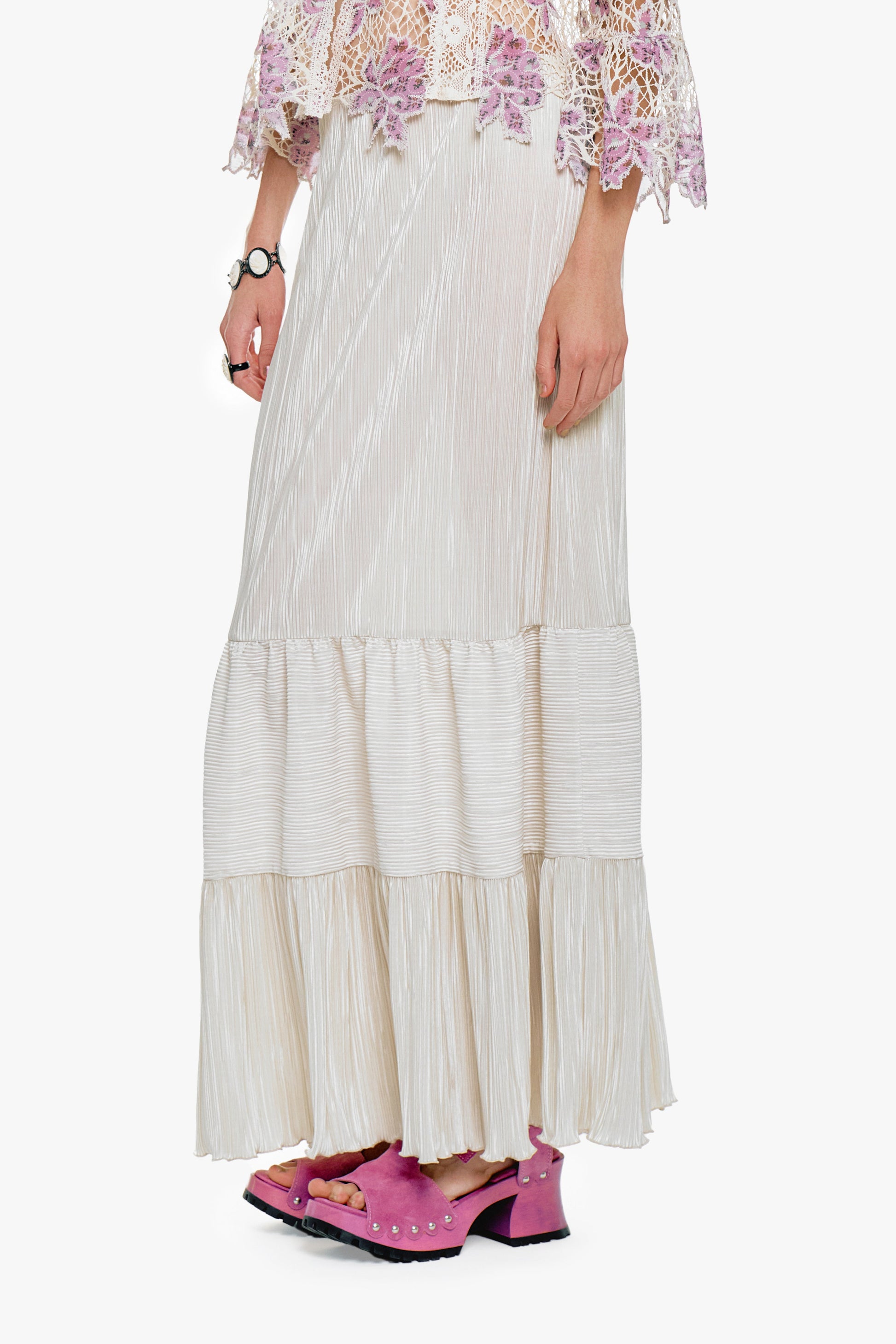 Anna Sui Plissé Tiered Maxi Skirt - Cream