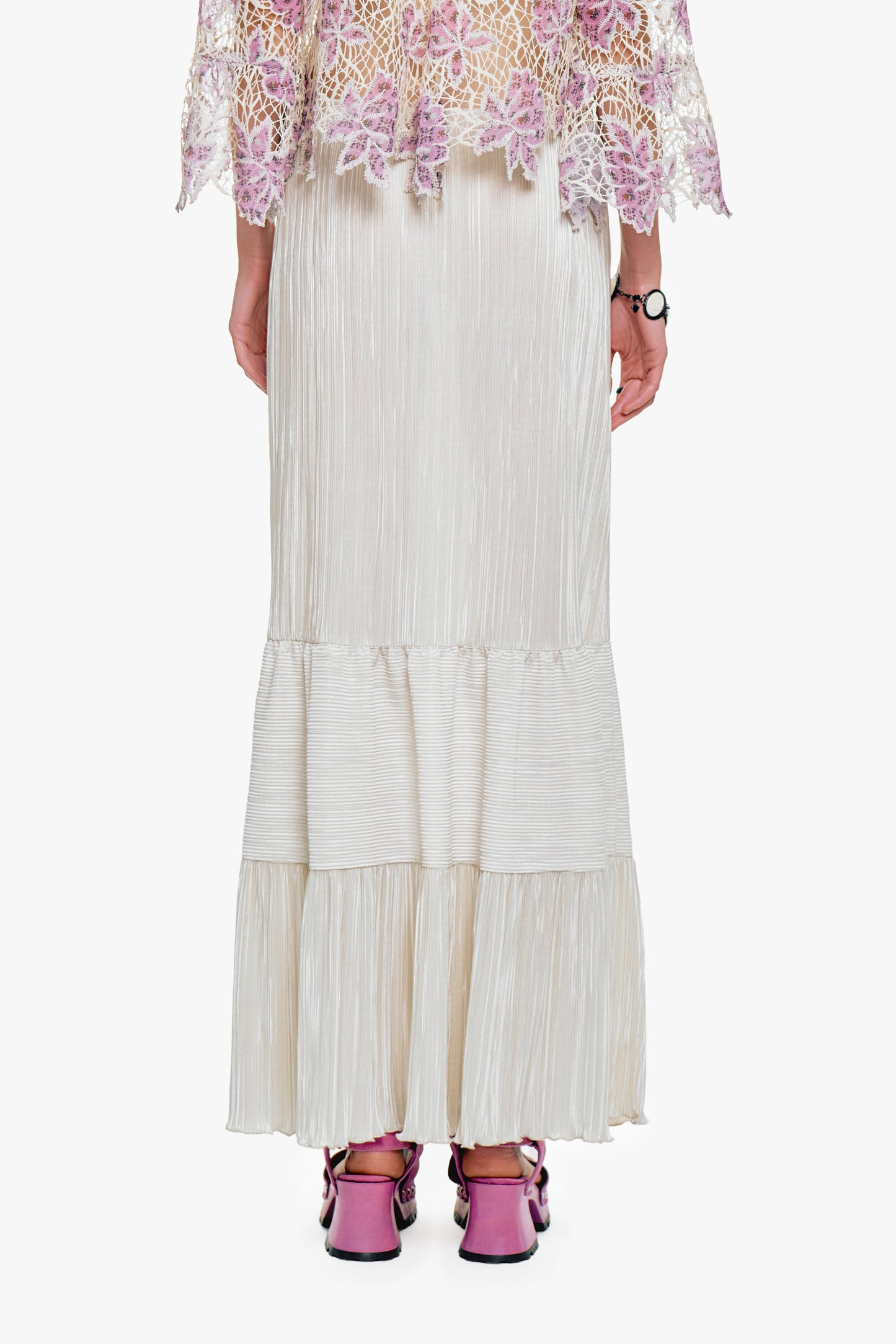 Anna Sui Plissé Tiered Maxi Skirt - Cream