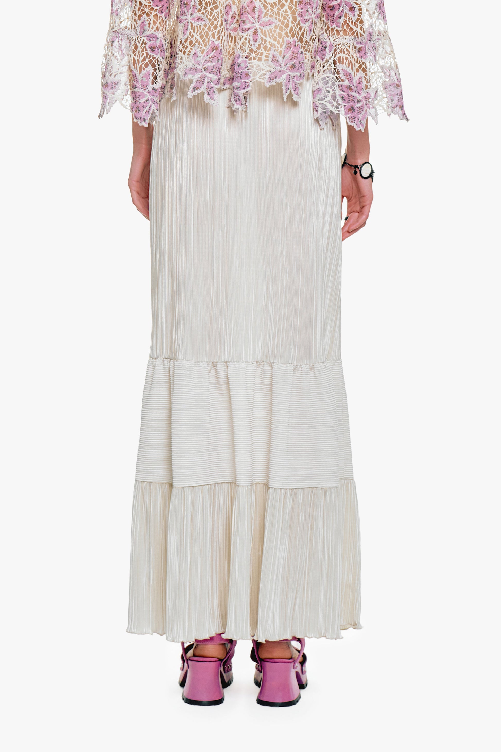 Anna Sui Plissé Tiered Maxi Skirt - Cream