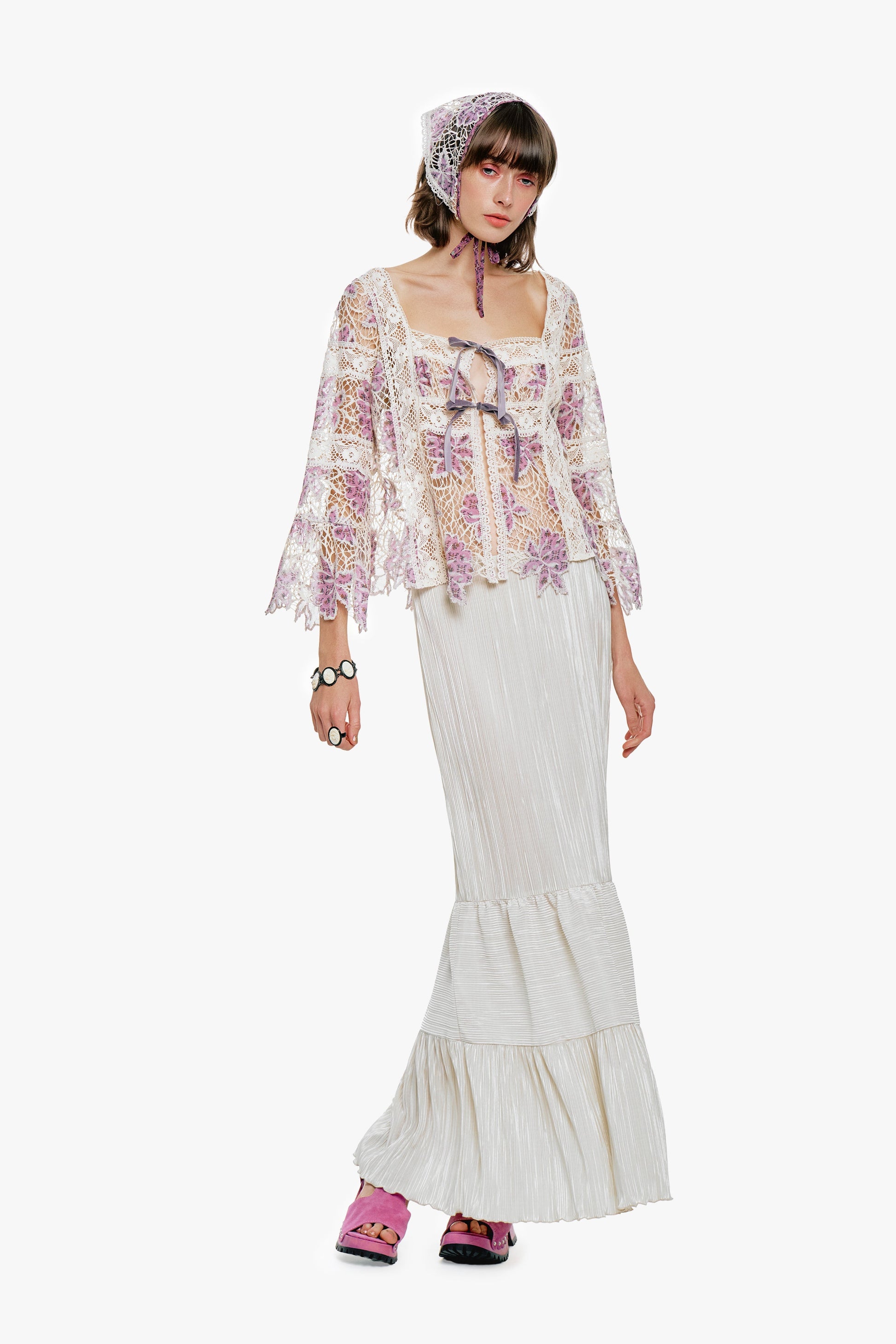 Anna Sui Plissé Tiered Maxi Skirt - Cream