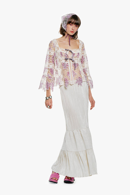 Anna Sui Plissé Tiered Maxi Skirt - Cream