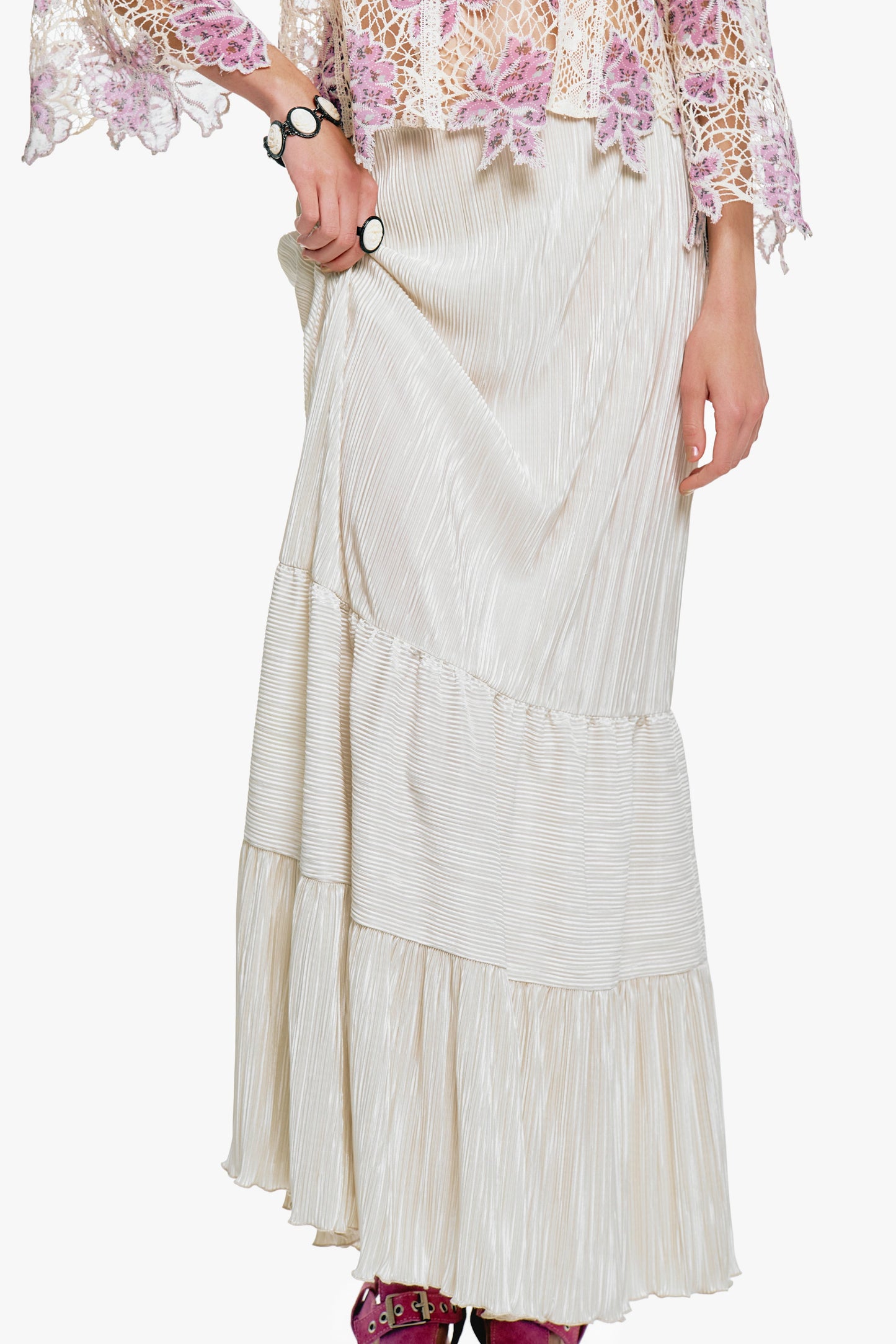 Anna Sui Plissé Tiered Maxi Skirt - Cream