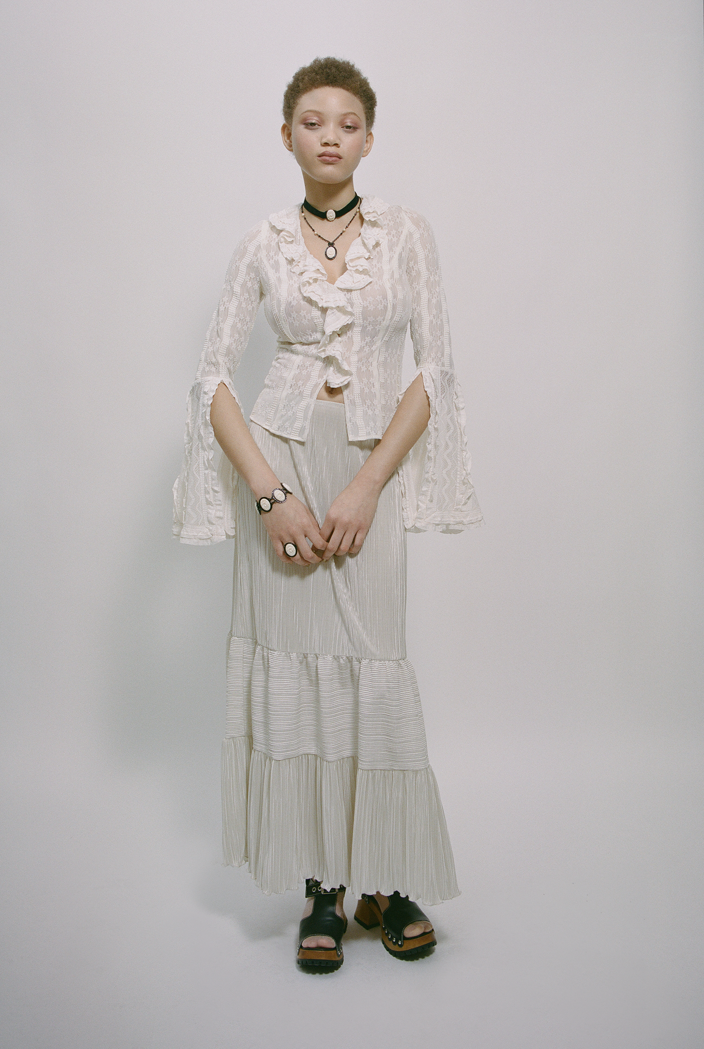 Anna Sui Plissé Tiered Maxi Skirt - Cream