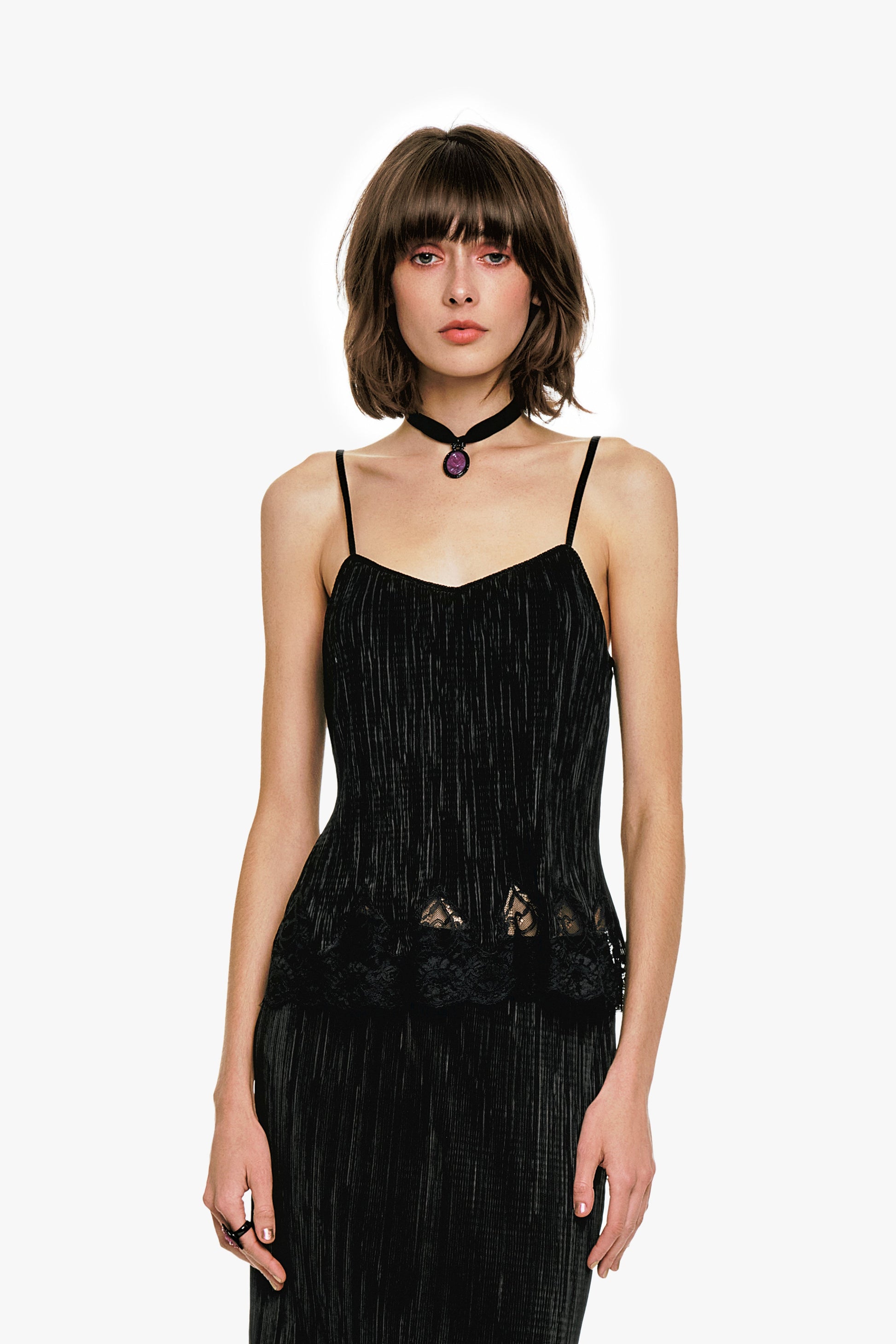 Anna Sui Plissé Lace Trimmed Cami Top