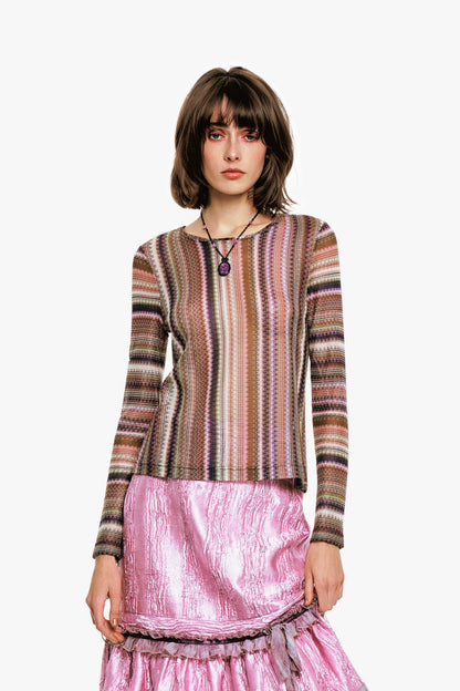 Anna Sui Wavy Chevron Knit Long Sleeve Stripe Top