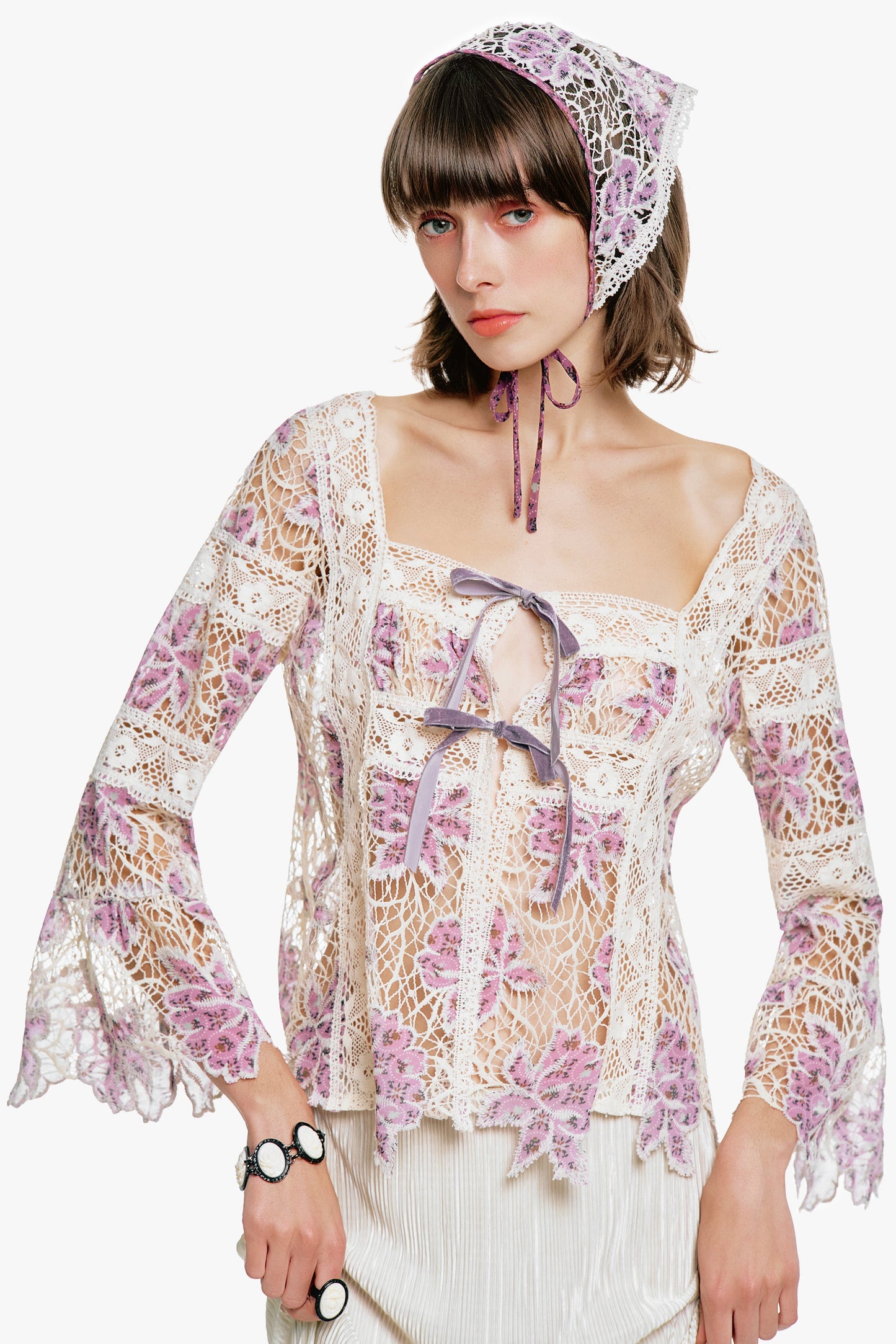 Anna Sui Medallion Floral Lace Tie Blouse