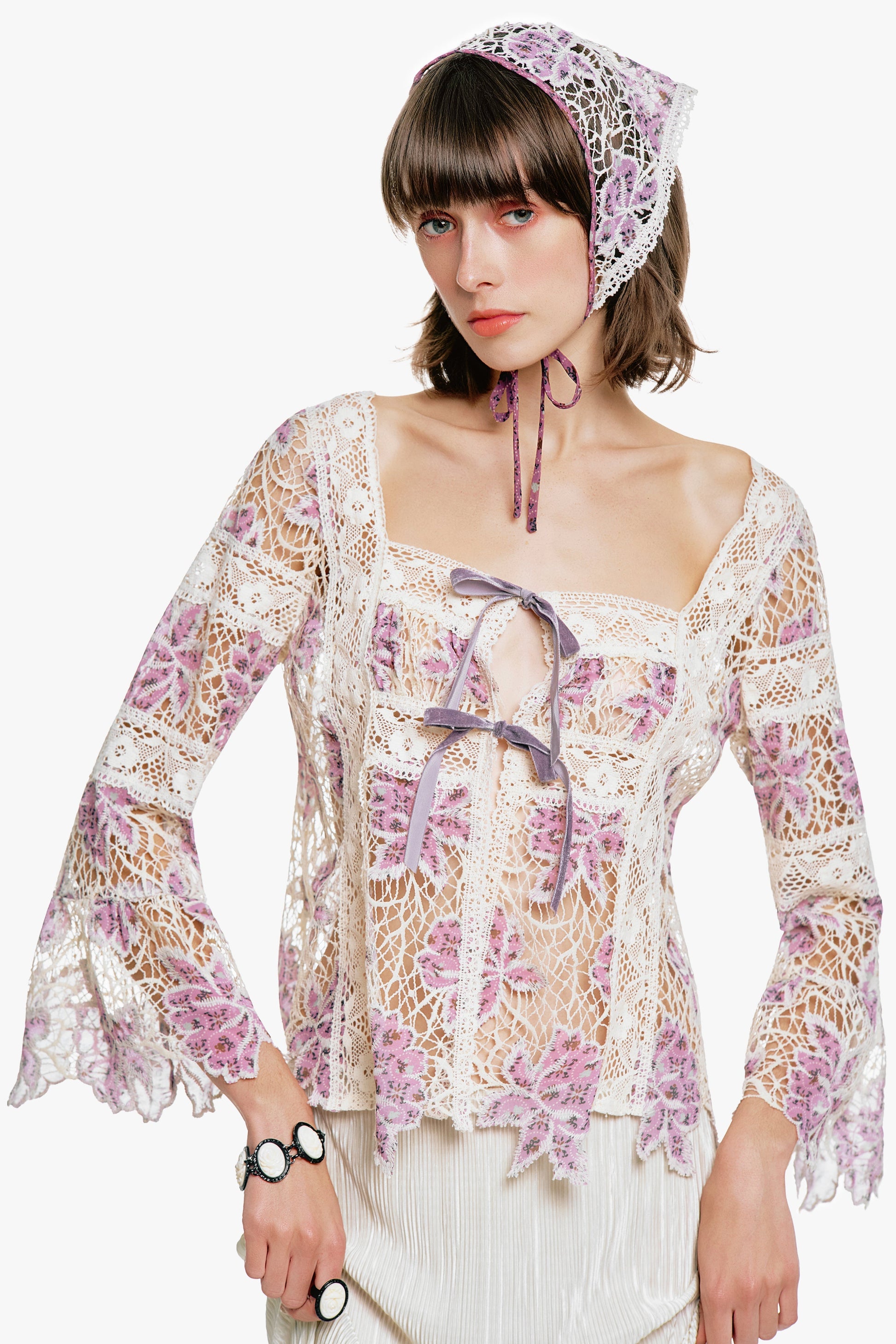 Anna Sui Medallion Floral Lace Tie Blouse