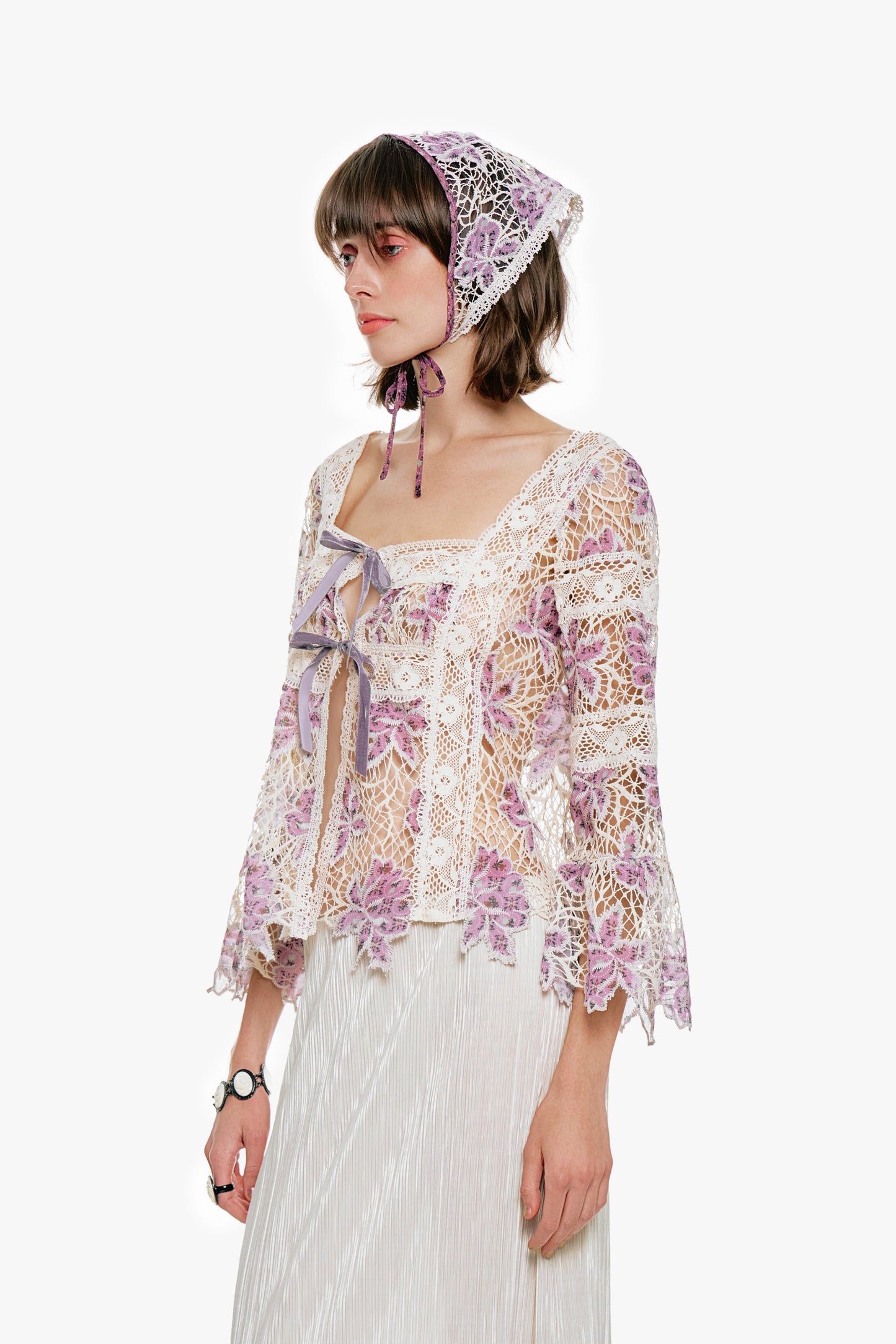 Anna Sui Medallion Floral Lace Tie Blouse