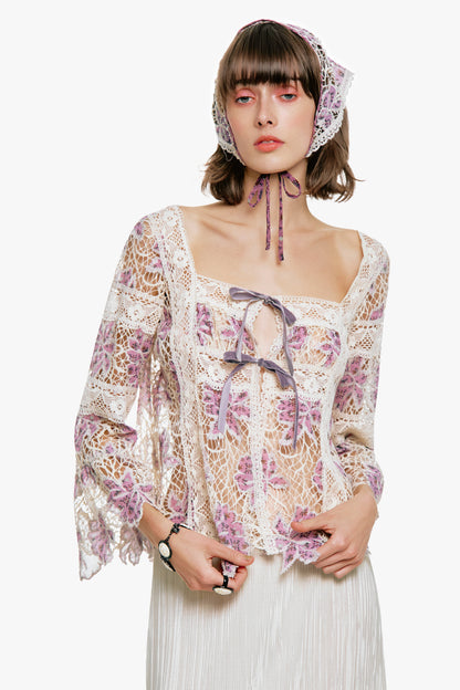 Anna Sui Medallion Floral Lace Tie Blouse