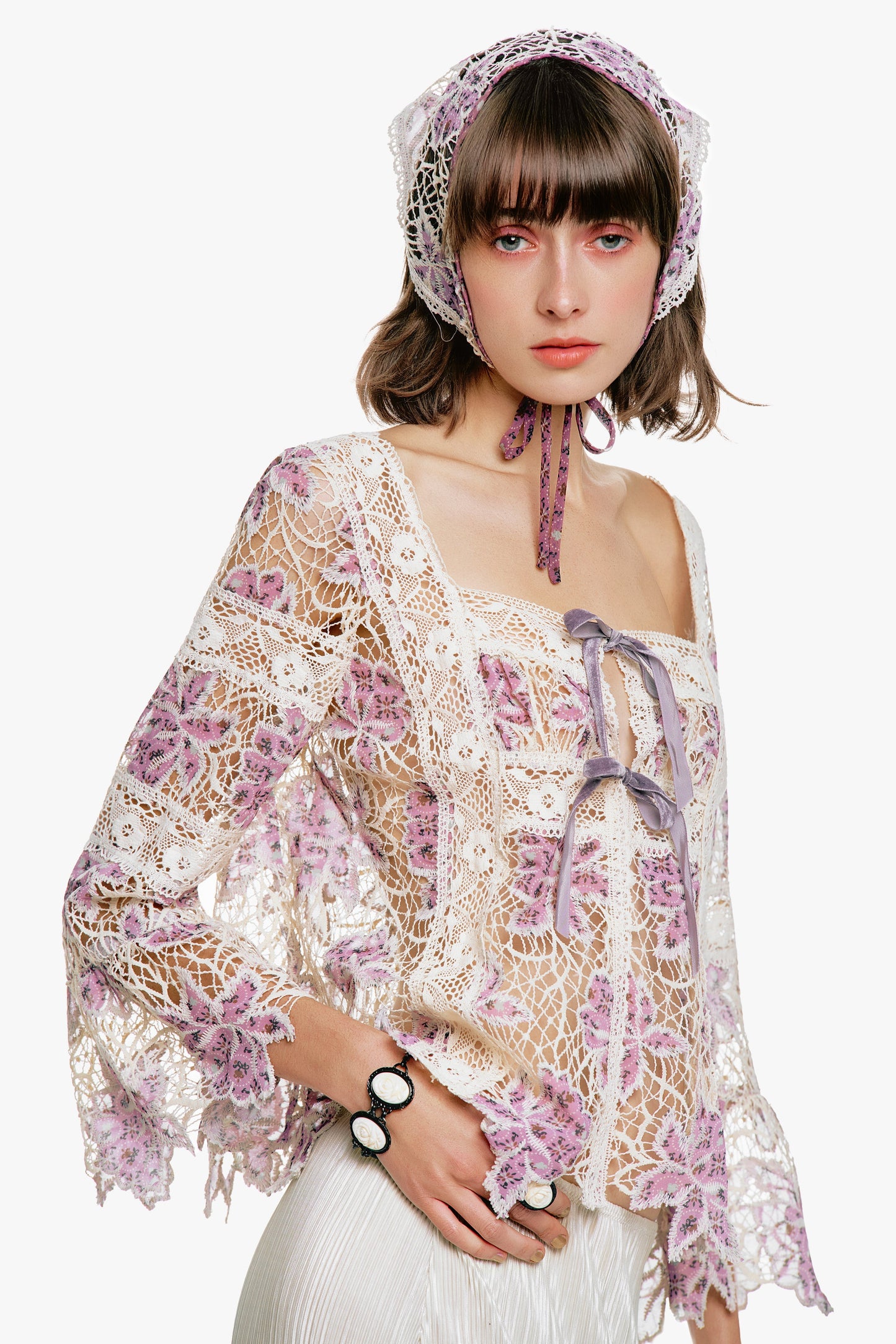 Anna Sui Medallion Floral Lace Tie Blouse