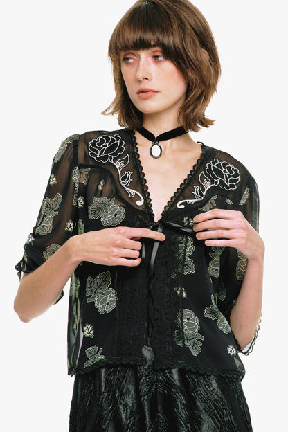 Anna Sui Lily and Roses Chiffon Combo Embroidered Bed Jacket