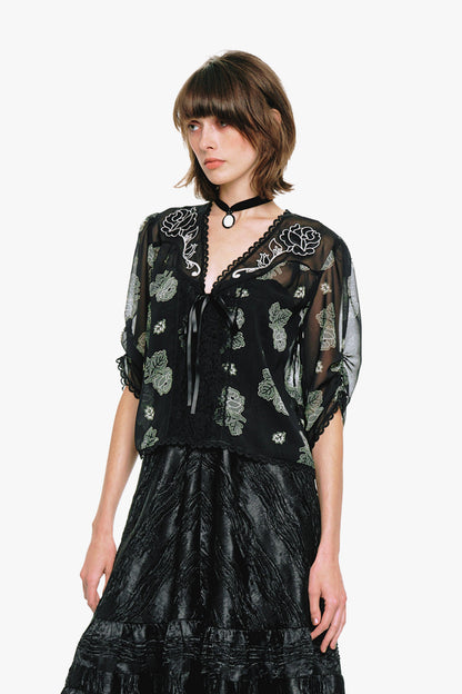 Anna Sui Lily and Roses Chiffon Combo Embroidered Bed Jacket