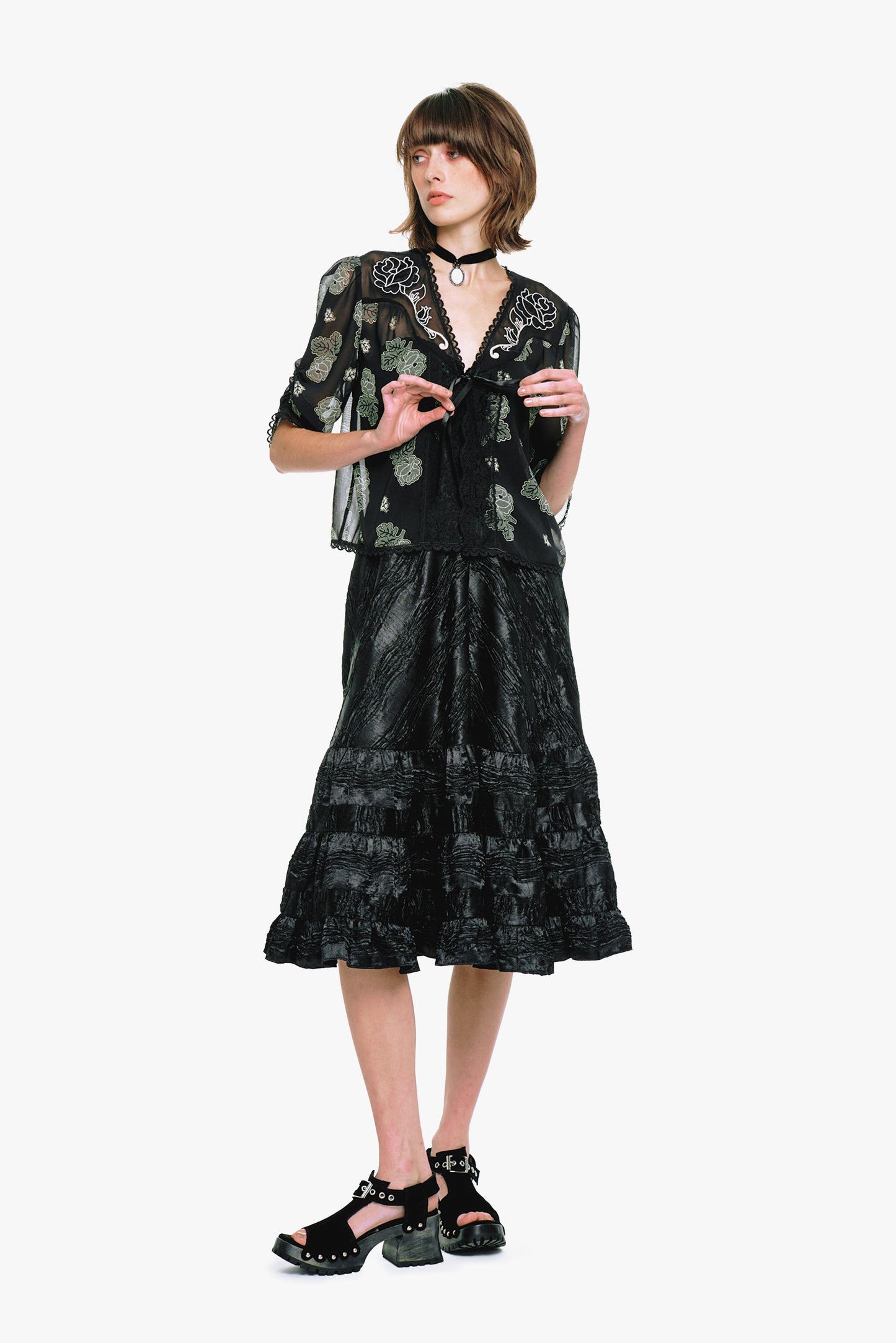 Anna Sui Lily and Roses Chiffon Combo Embroidered Bed Jacket
